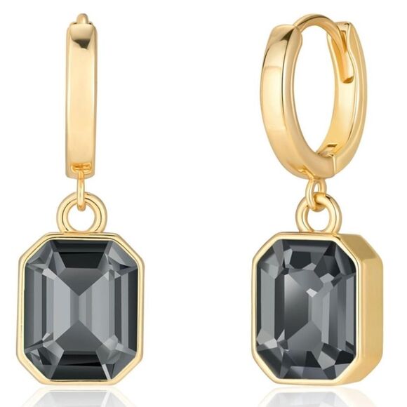 18K Yellow Gold with Charcoal Gray Crystal Dangling Octagon Huggie Earrings - Picture 1 of 6